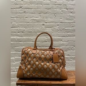 Loewe Tan and Cream Lattice Satchel